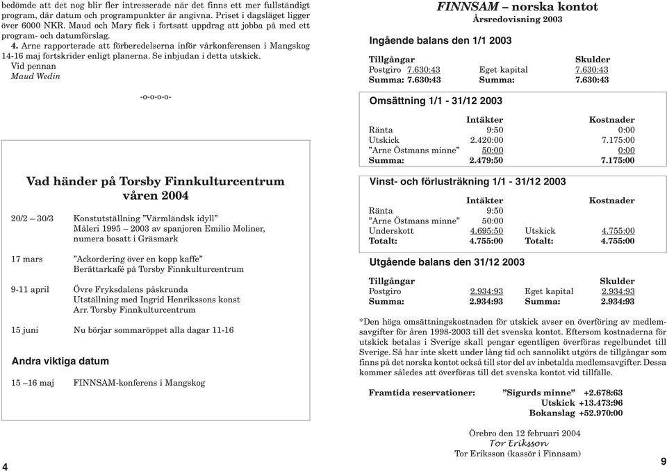 Se inbjudan i detta utskick. Vid pennan Maud Wedin -o-o-o-o- FINNSAM norska kontot Årsredovisning 2003 Ingående balans den 1/1 2003 Postgiro 7.630:43 Eget kapital 7.630:43 Summa: 7.