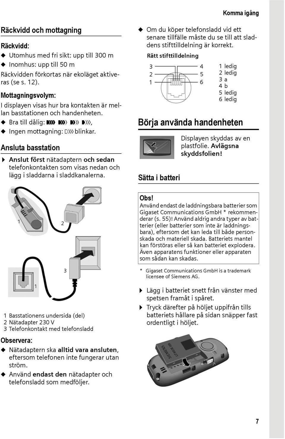 Ansluta basstation Anslut först nätadaptern och sedan telefonkontakten som visas nedan och lägg i sladdarna i sladdkanalerna.