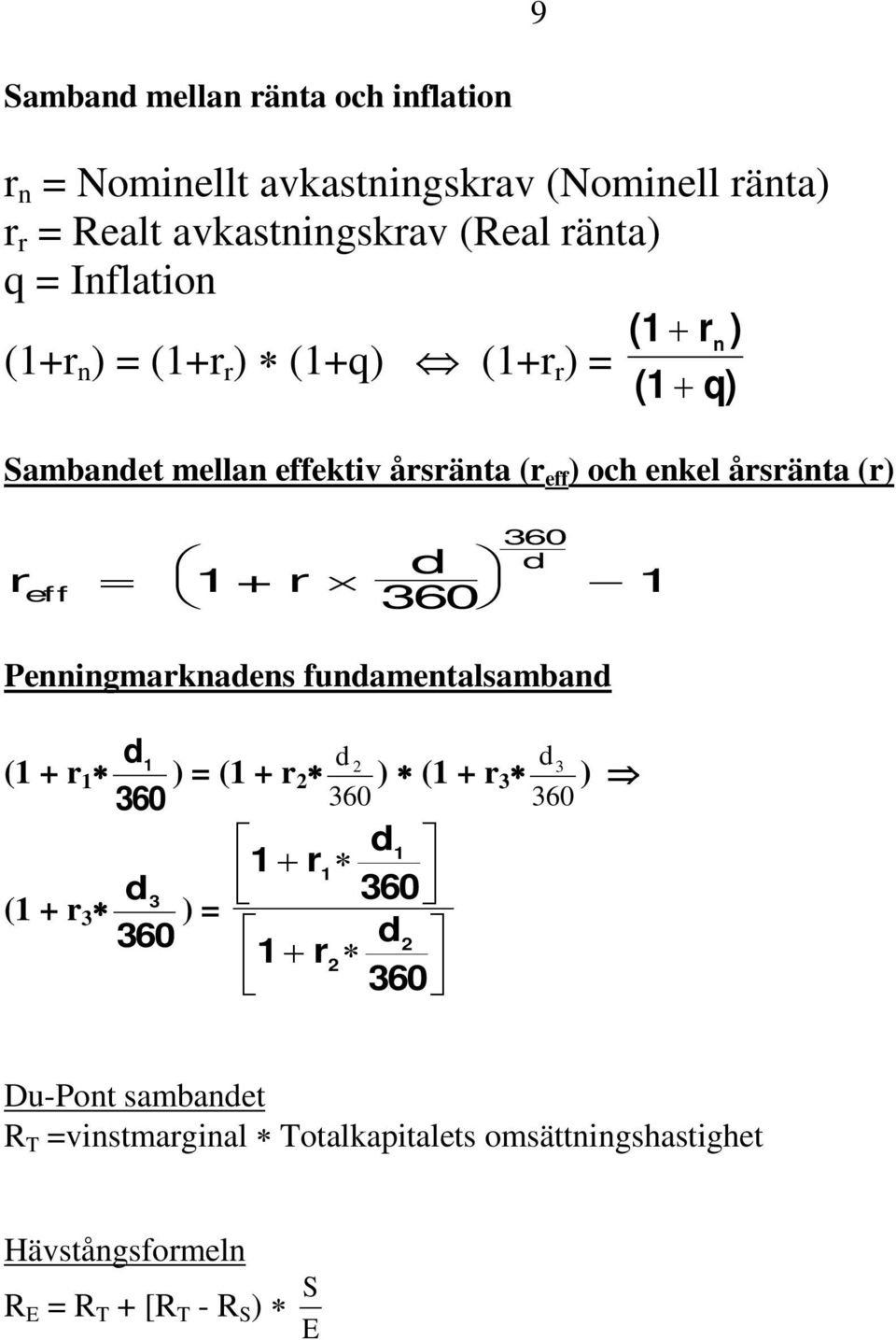 = 1+ r d 360 360 d 1 Penningmarknadens fundamentalsamband (1 + r 1 d 1 d ) = (1 + r 2 2 ) (1 + r 3 360 360 360 d 3 ) (1 + r 3 d 3 ) = 360