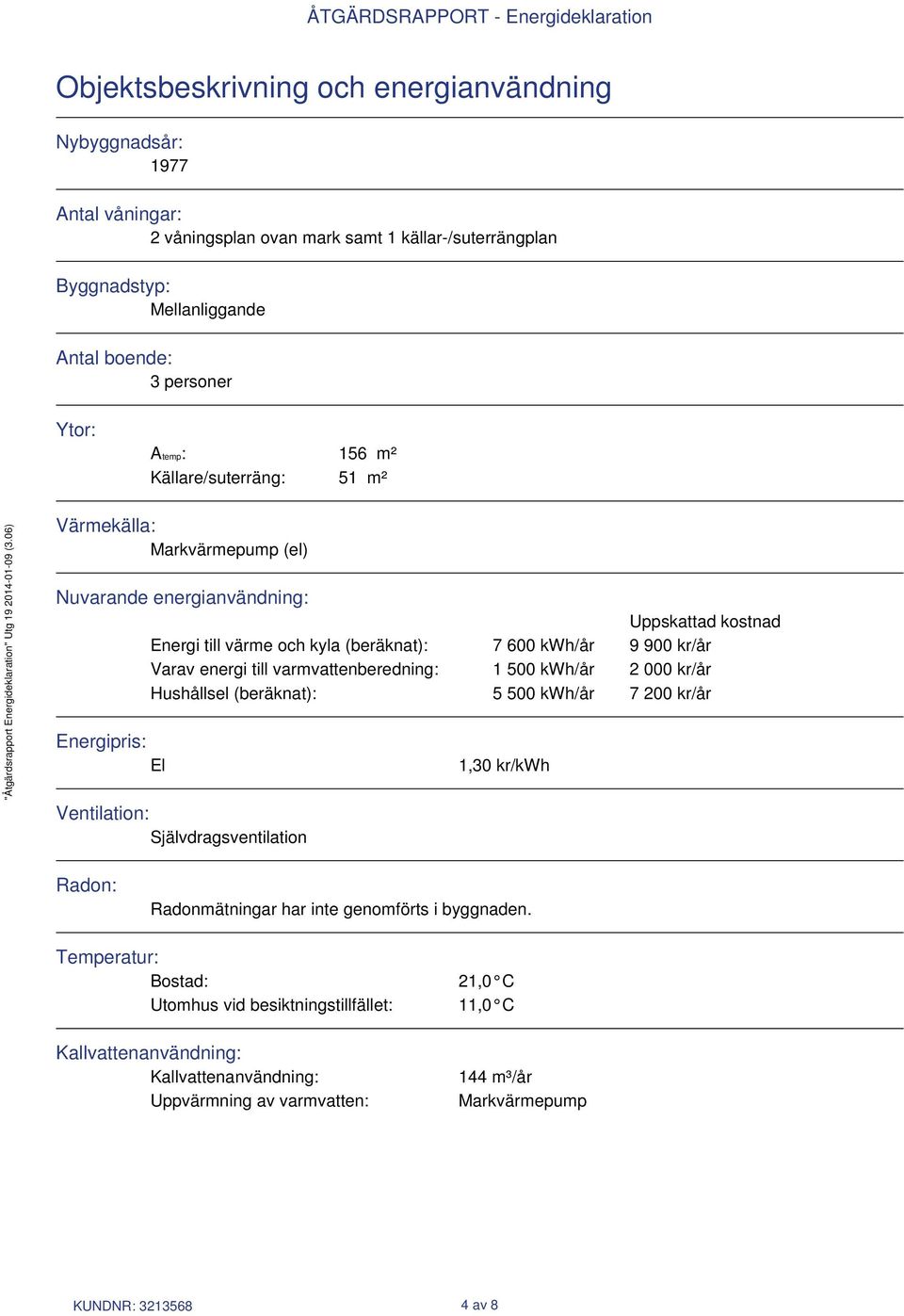 varmvattenberedning: 1 500 kwh/år 2 000 kr/år Hushållsel (beräknat): 5 500 kwh/år 7 200 kr/år Energipris: El Ventilation: Självdragsventilation 1,30 kr/kwh Radon: Radonmätningar har inte