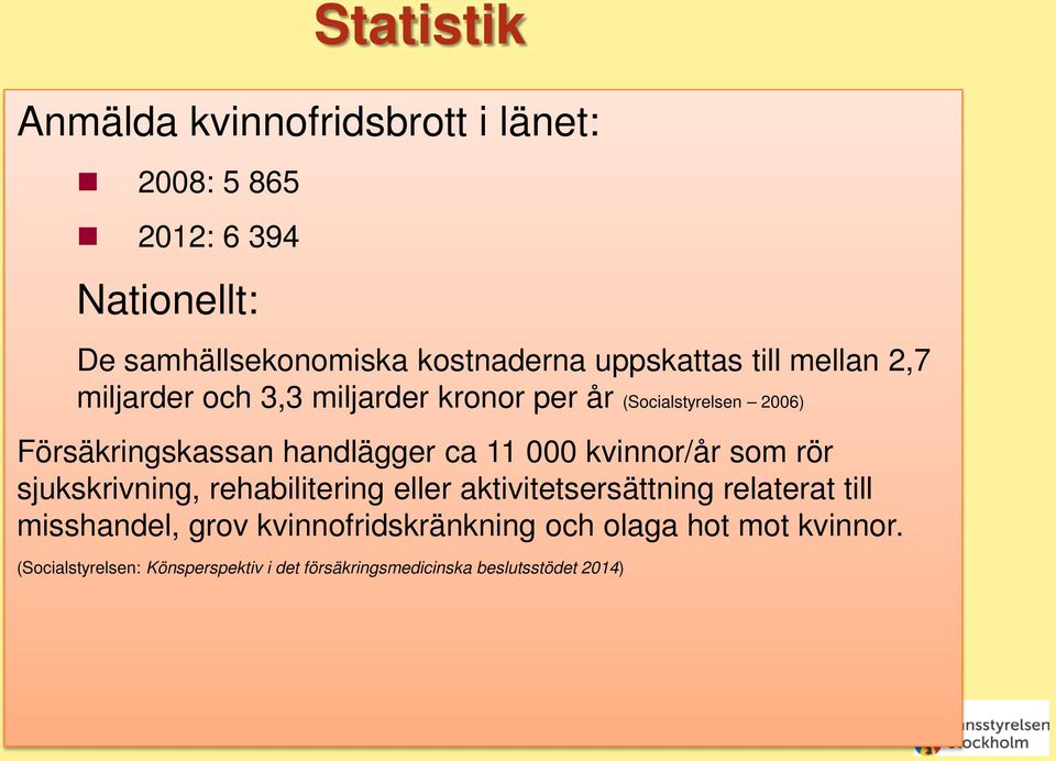 ca 11 000 kvinnor/år som rör sjukskrivning, rehabilitering eller aktivitetsersättning relaterat till misshandel, grov