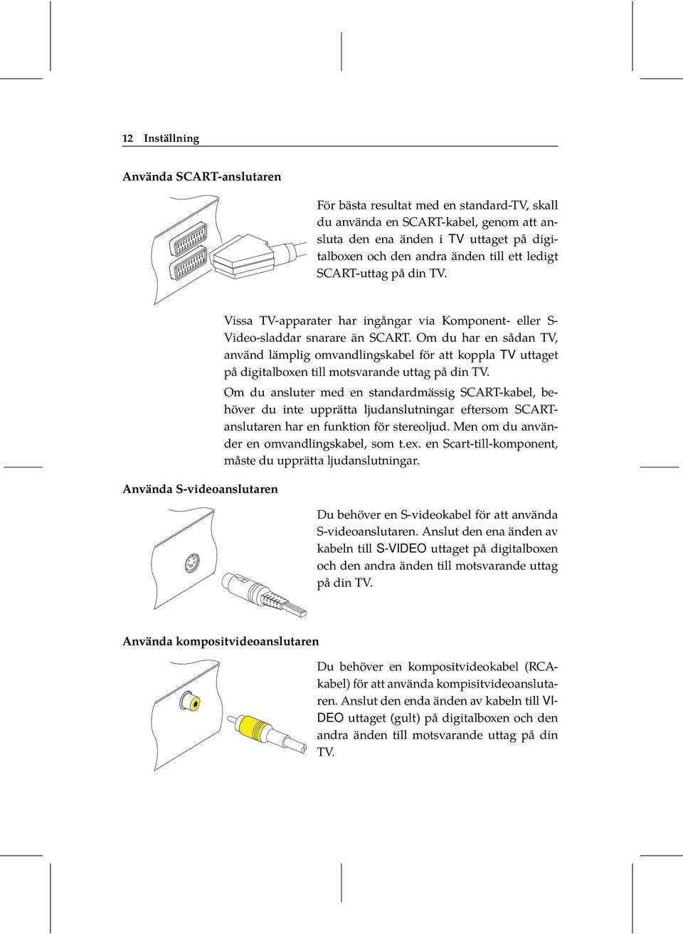 Om du har en sådan TV, använd lämplig omvandlingskabel för att koppla TV uttaget på digitalboxen till motsvarande uttag på din TV.