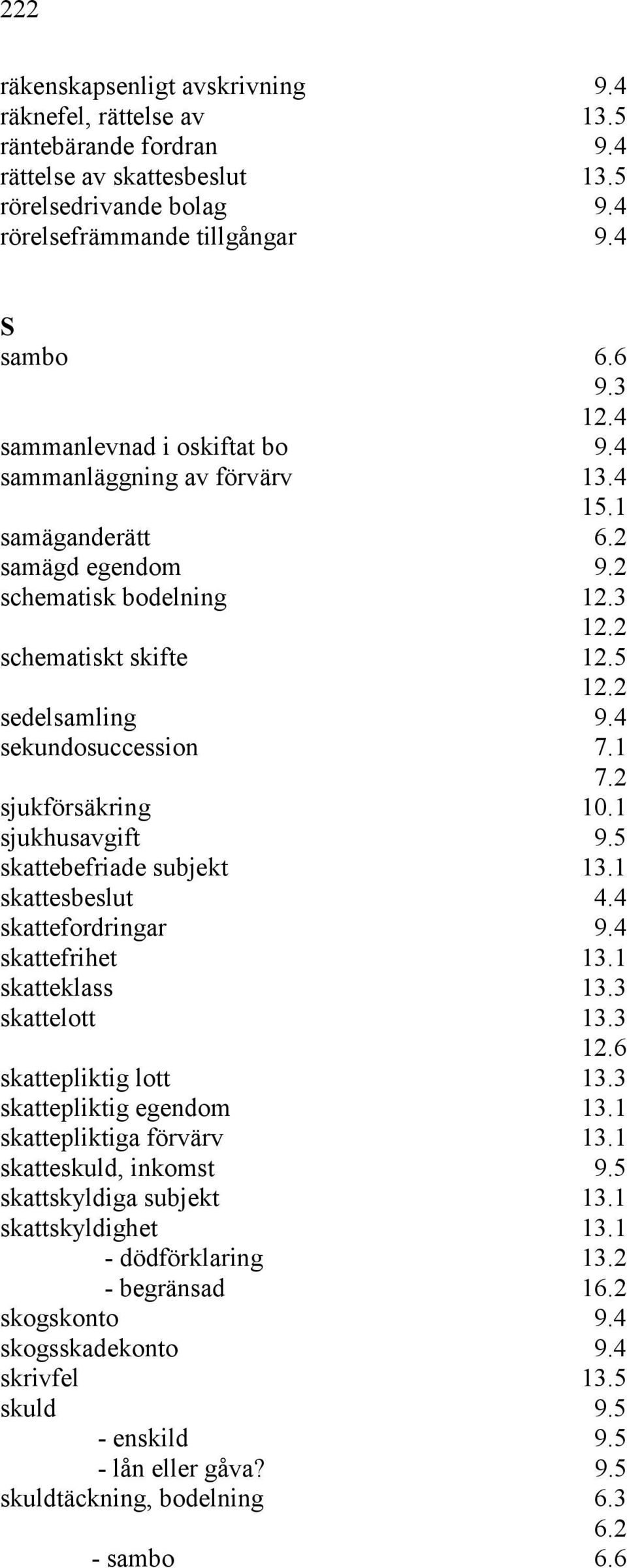 1 7.2 sjukförsäkring 10.1 sjukhusavgift 9.5 skattebefriade subjekt 13.1 skattesbeslut 4.4 skattefordringar 9.4 skattefrihet 13.1 skatteklass 13.3 skattelott 13.3 skattepliktig lott 13.