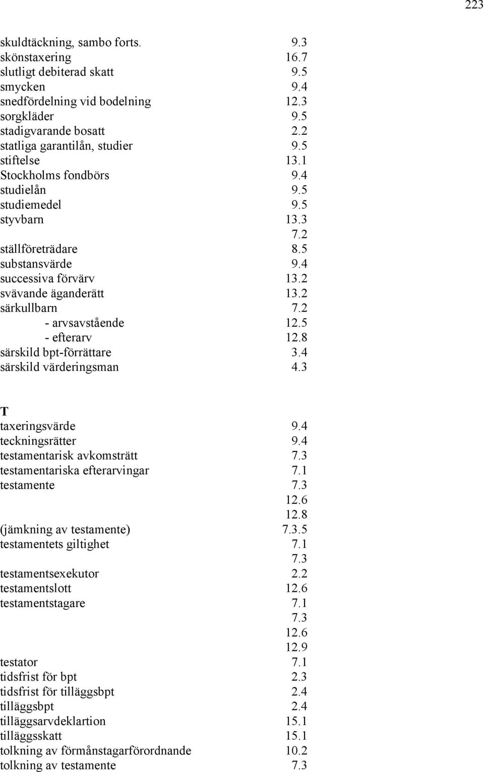 2 - arvsavstående 12.5 - efterarv 12.8 särskild bpt-förrättare 3.4 särskild värderingsman 4.3 T taxeringsvärde 9.4 teckningsrätter 9.4 testamentarisk avkomsträtt 7.3 testamentariska efterarvingar 7.