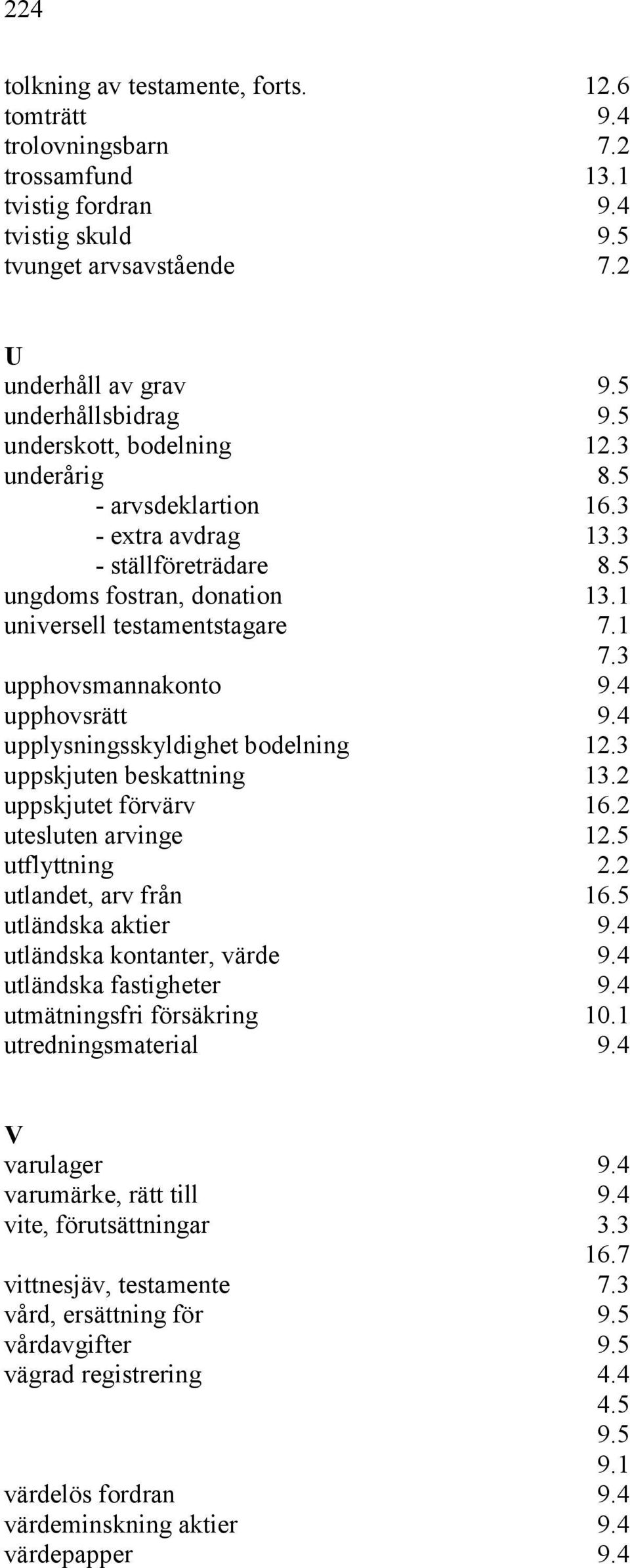 4 upphovsrätt 9.4 upplysningsskyldighet bodelning uppskjuten beskattning 13.2 uppskjutet förvärv 16.2 utesluten arvinge 12.5 utflyttning 2.2 utlandet, arv från 16.5 utländska aktier 9.
