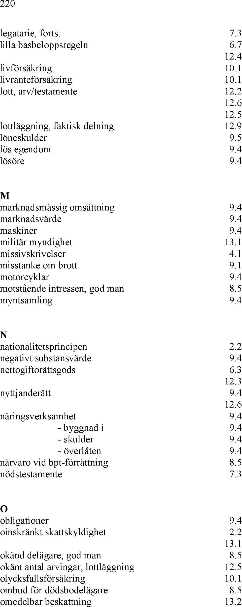 5 myntsamling 9.4 N nationalitetsprincipen 2.2 negativt substansvärde 9.4 nettogiftorättsgods 6.3 nyttjanderätt 9.4 näringsverksamhet 9.4 - byggnad i 9.4 - skulder 9.4 - överlåten 9.