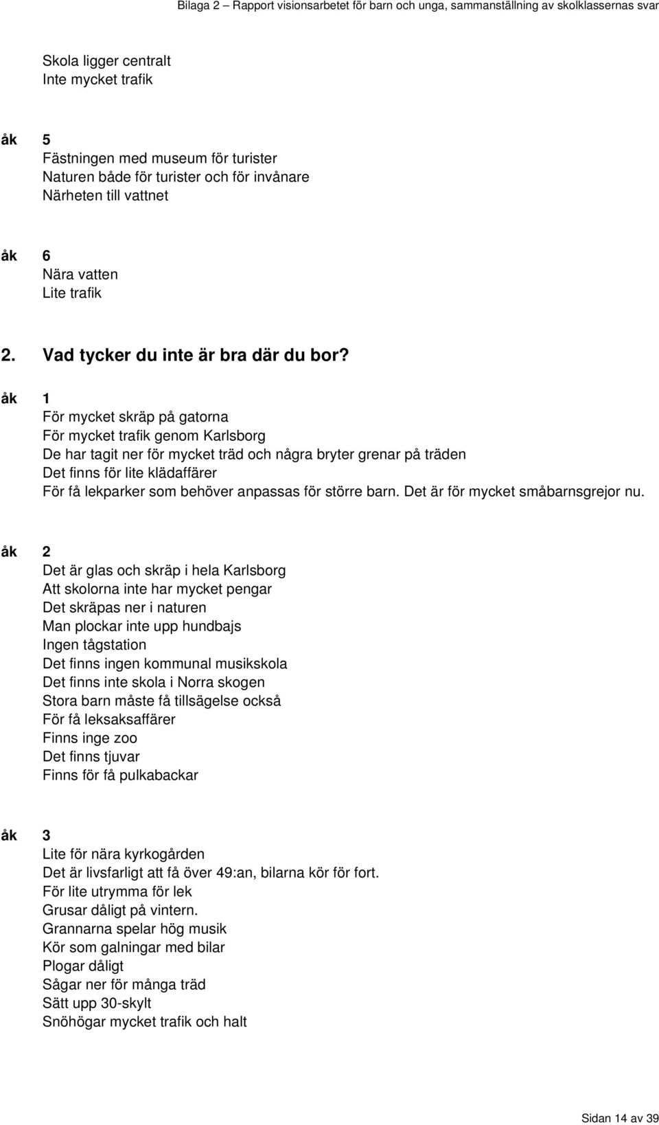 För mycket skräp på gatorna För mycket trafik genom Karlsborg De har tagit ner för mycket träd och några bryter grenar på träden Det finns för lite klädaffärer För få lekparker som behöver anpassas