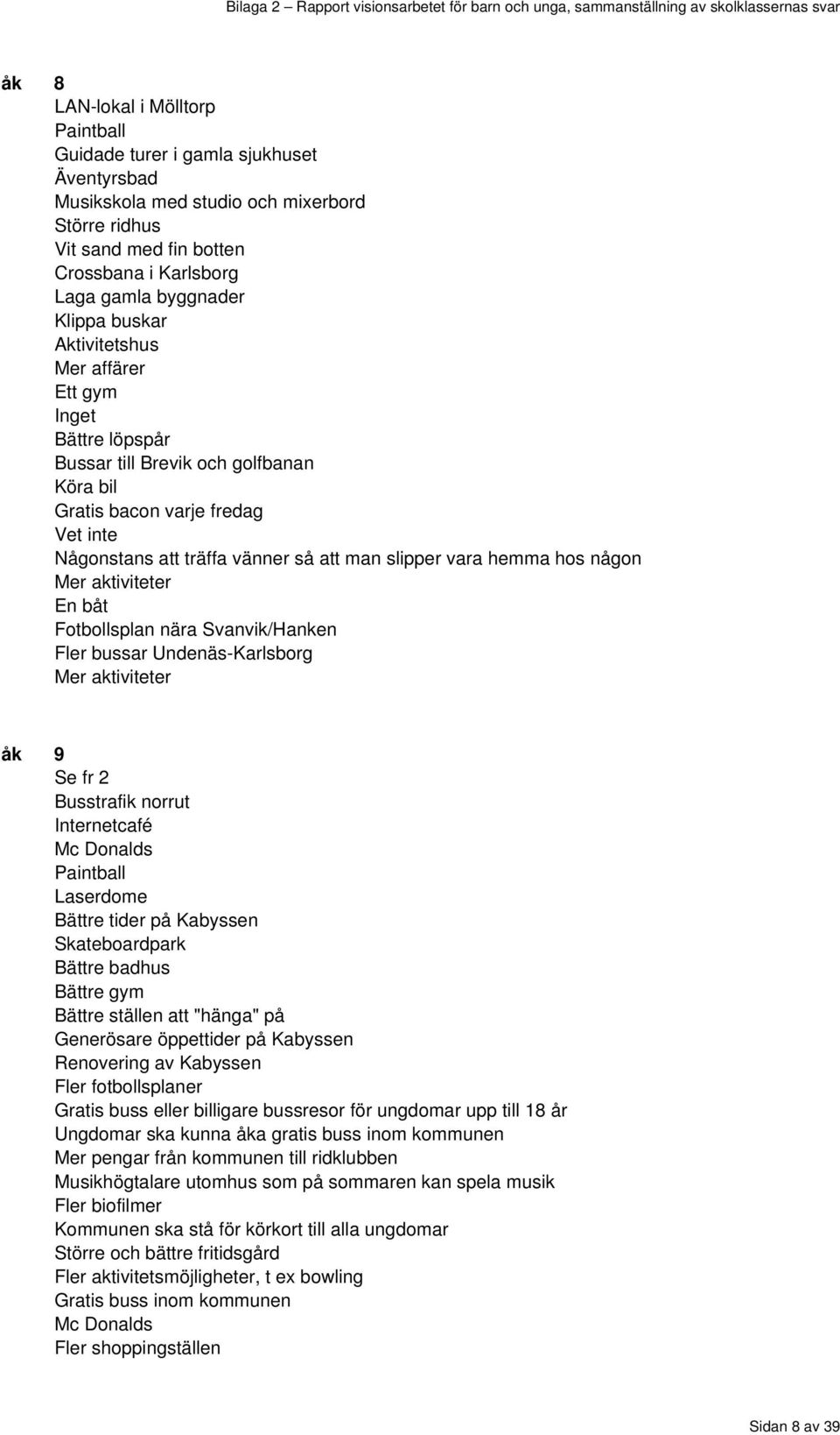 hemma hos någon Mer aktiviteter En båt Fotbollsplan nära Svanvik/Hanken Fler bussar UndenäsKarlsborg Mer aktiviteter åk 9 Se fr 2 Busstrafik norrut Internetcafé Mc Donalds Paintball Laserdome Bättre