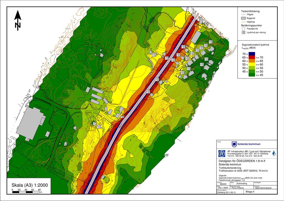 Trafikbullerberäkning Trafiksituation år (ÅDT 0f/d, 0 km/h) Vägtrafik Dygnsekvivalent ljudnivå L eq db(a) m över mark Fasadnivå på våningsplan + (A) :00