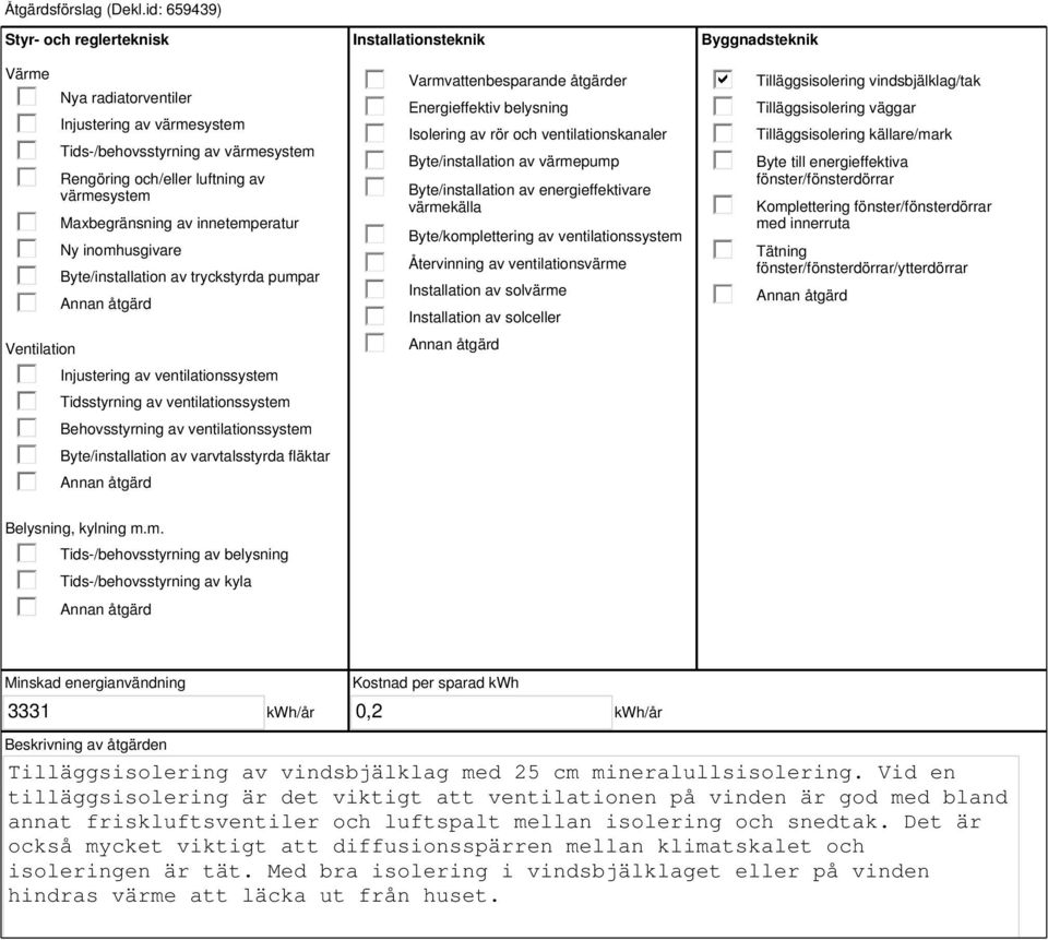 innetemperatur Ny inomhusgivare Byte/installation av tryckstyrda pumpar Injustering av ventilationssystem Tidsstyrning av ventilationssystem Behovsstyrning av ventilationssystem Byte/installation av