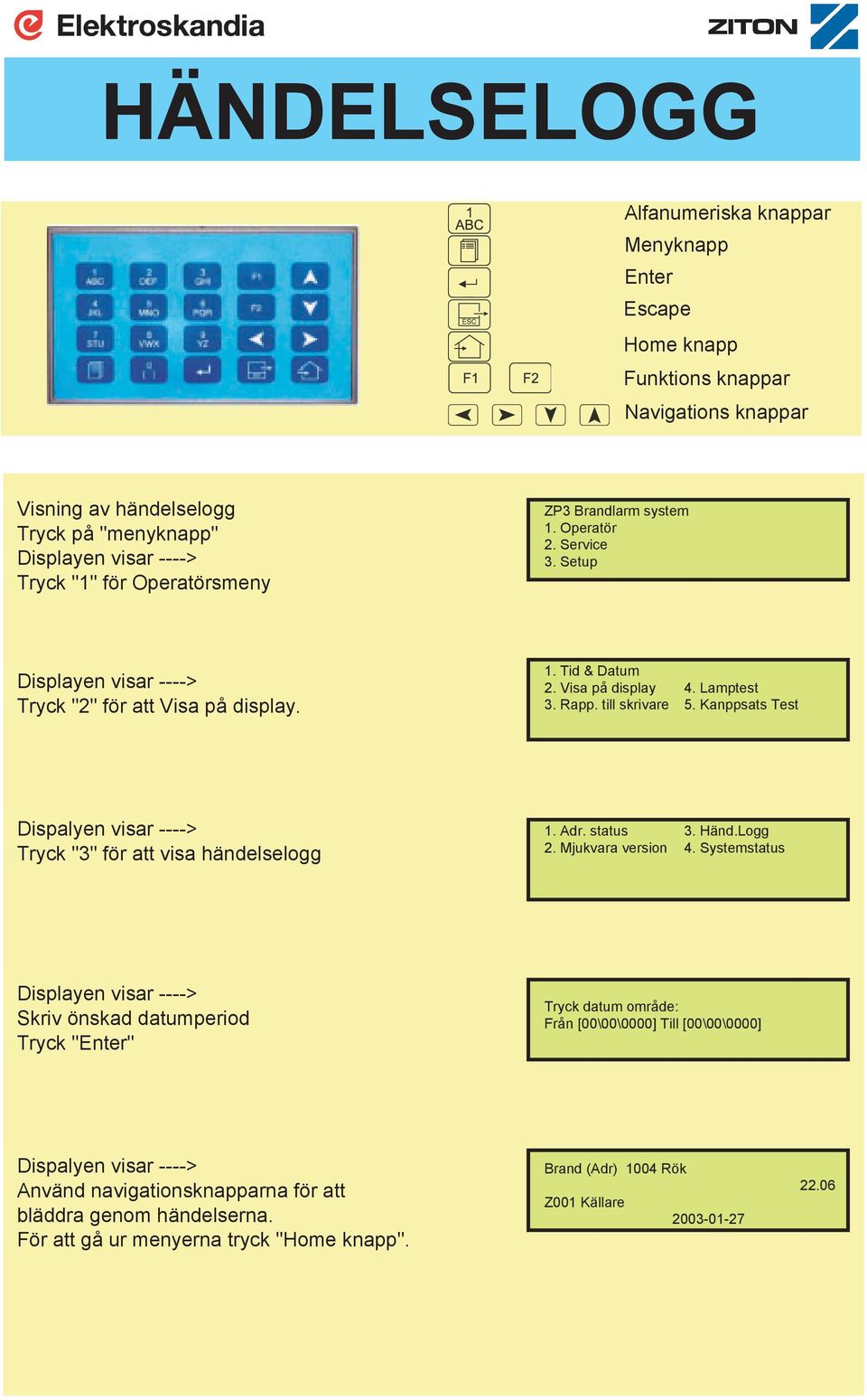 Kanppsats Test Tryck "" för att visa händelselogg. Adr. status. Händ.Logg. Mjukvara version 4.