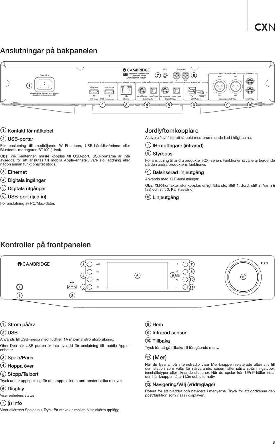 3 Ethernet 4 Digitala ingångar 5 Digitala utgångar 6 USB-port (ljud in) För anslutning av PC/Mac-dator. Jordlyftomkopplare Aktivera Lyft för att få bukt med brummande ljud i högtalarna.