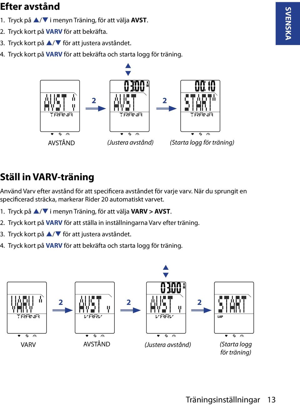 SVENSKA AVSTÅND (Justera avstånd) (Starta logg för träning) Ställ in VARV-träning Använd Varv efter avstånd för att secificera avståndet för varje varv.