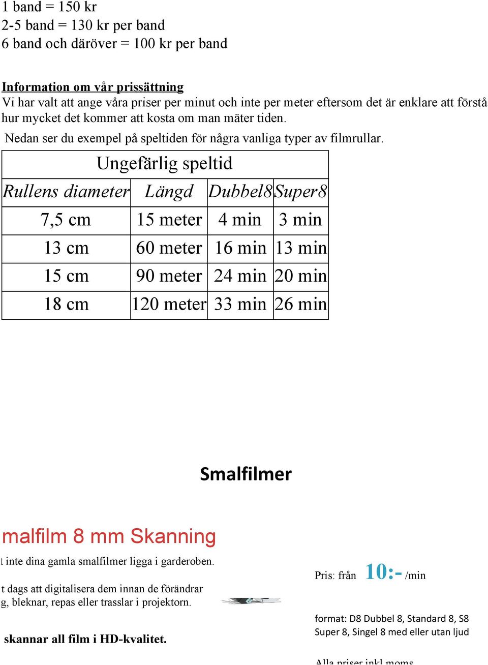 Ungefärlig speltid Rullens diameter Längd Dubbel8 Super8 7,5 cm 15 meter 4 min 3 min 13 cm 60 meter 16 min 13 min 15 cm 90 meter 24 min 20 min 18 cm 120 meter 33 min 26 min Smalfilmer Smalfilm 8 mm