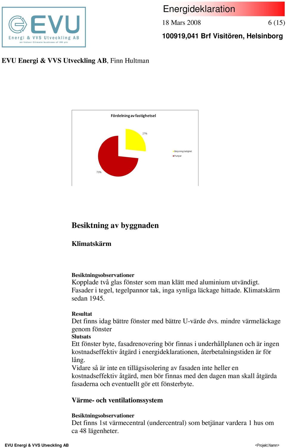 mindre värmeläckage genom fönster Slutsats Ett fönster byte, fasadrenovering bör finnas i underhållplanen och är ingen kostnadseffektiv åtgärd i energideklarationen, återbetalningstiden är för lång.