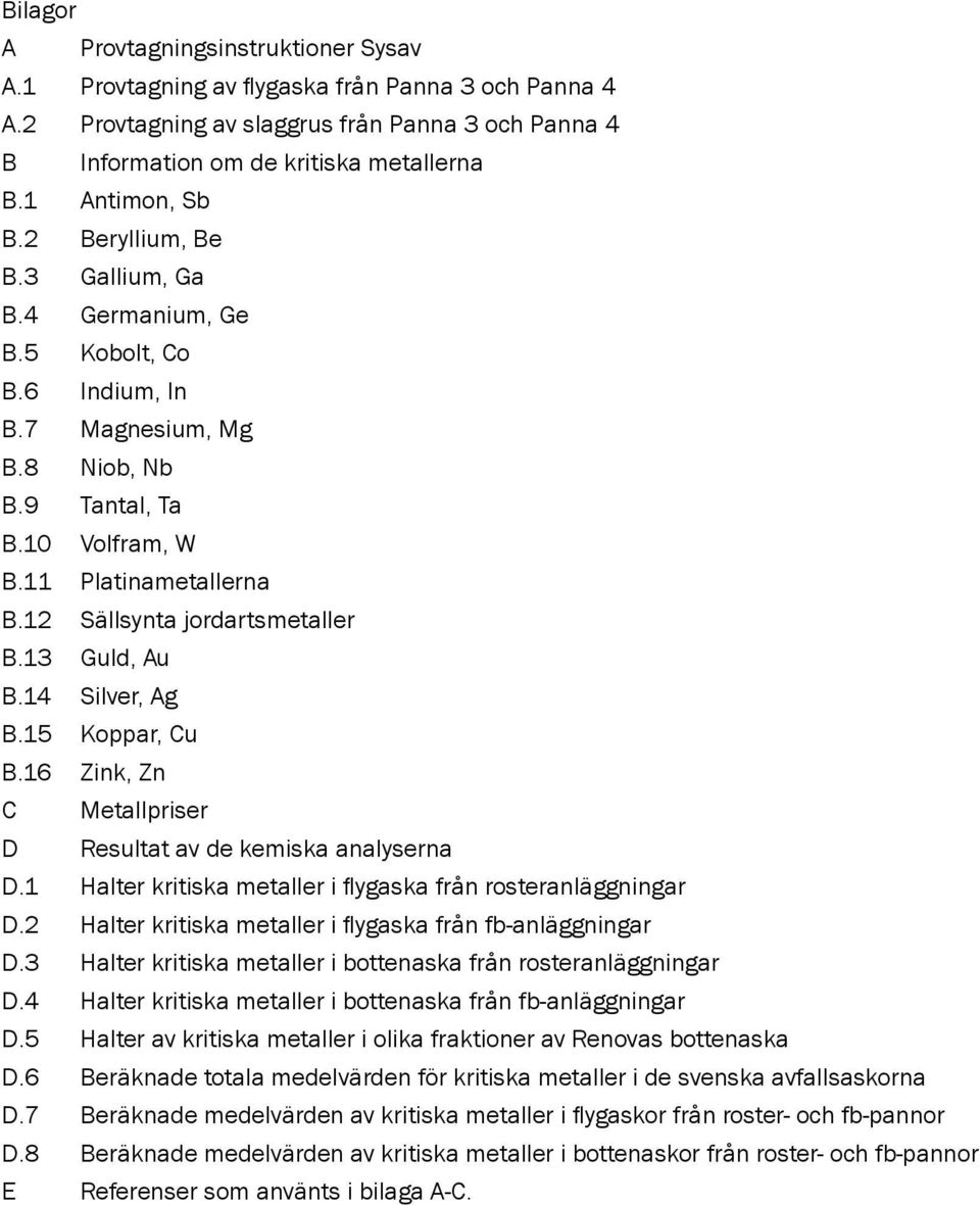 12 Sällsynta jordartsmetaller B.13 Guld, Au B.14 Silver, Ag B.15 Koppar, Cu B.16 Zink, Zn C Metallpriser D Resultat av de kemiska analyserna D.
