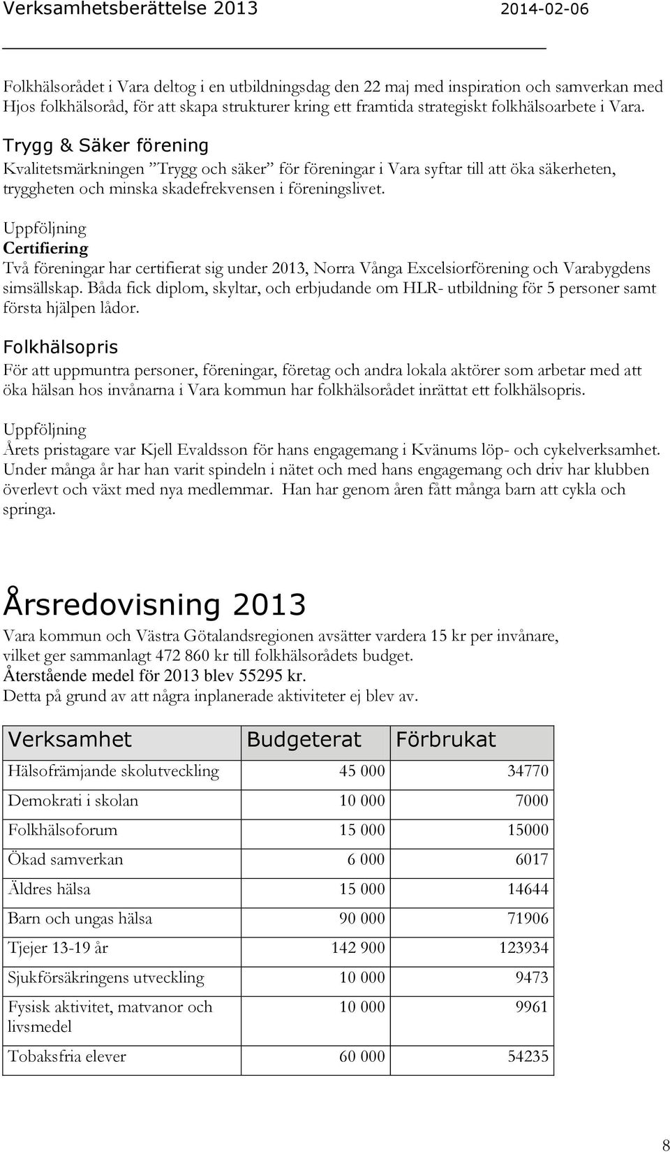 Certifiering Två föreningar har certifierat sig under 2013, Norra Vånga Excelsiorförening och Varabygdens simsällskap.