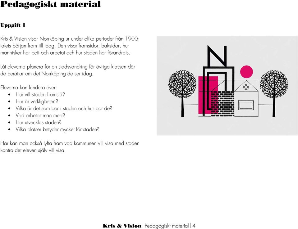 Låt eleverna planera för en stadsvandring för övriga klassen där de berättar om det Norrköping de ser idag. Eleverna kan fundera över: Hur vill staden framstå?