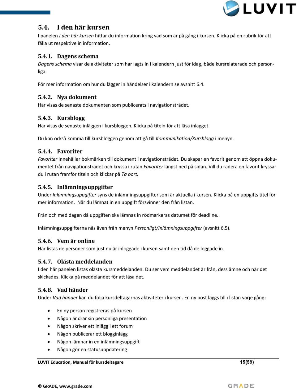 För mer information om hur du lägger in händelser i kalendern se avsnitt 6.4. 5.4.2. Nya dokument Här visas de senaste dokumenten som publicerats i navigationsträdet. 5.4.3.