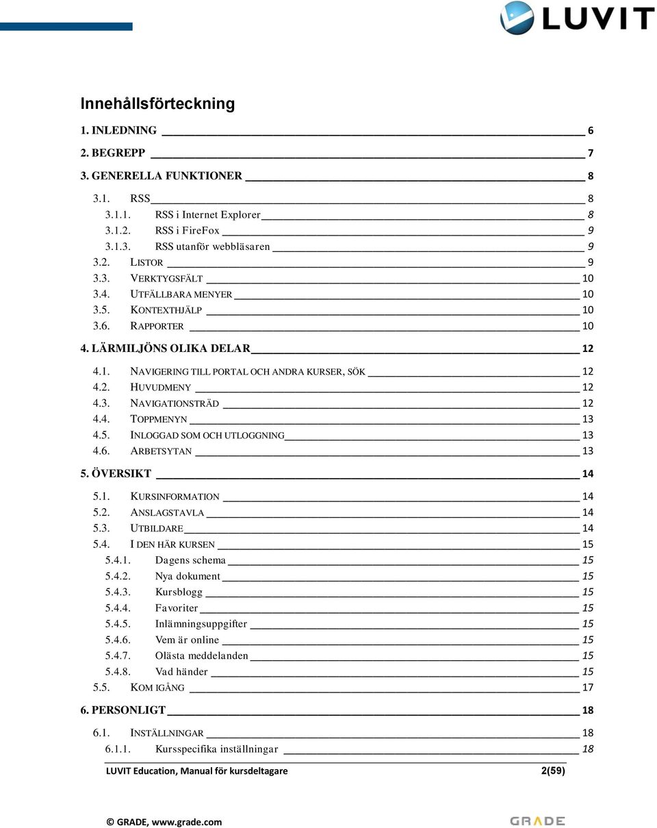 5. INLOGGAD SOM OCH UTLOGGNING 13 4.6. ARBETSYTAN 13 5. ÖVERSIKT 14 5.1. KURSINFORMATION 14 5.2. ANSLAGSTAVLA 14 5.3. UTBILDARE 14 5.4. I DEN HÄR KURSEN 15 5.4.1. Dagens schema 15 5.4.2. Nya dokument 15 5.