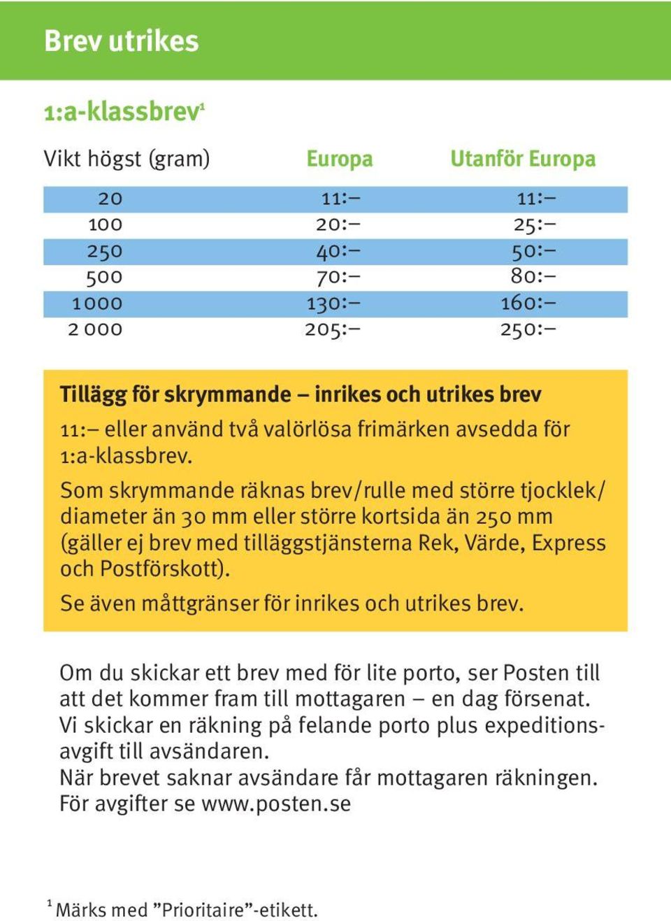 Som skrymmande räknas brev/rulle med större tjocklek/ diameter än 30 mm eller större kortsida än 250 mm (gäller ej brev med tilläggstjänsterna Rek, Värde, Express och Postförskott).