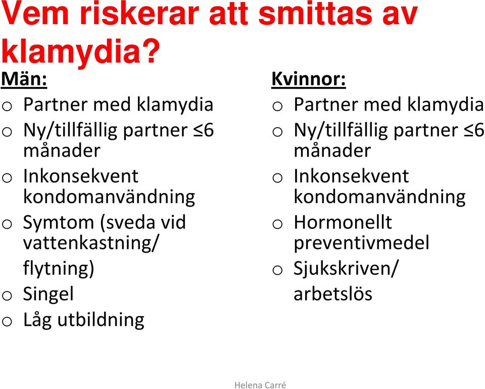 kondomanvändning o Symtom (sveda vid vattenkastning/ flytning) o Singel o Låg utbildning