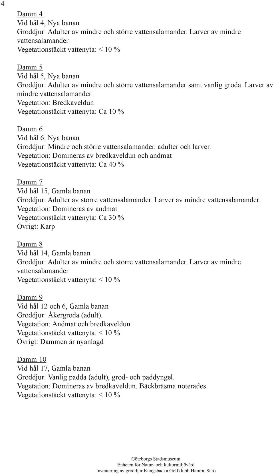 Vegetation: Bredkaveldun Vegetationstäckt vattenyta: Ca 10 % Damm 6 Vid hål 6, Nya banan Groddjur: Mindre och större vattensalamander, adulter och larver.