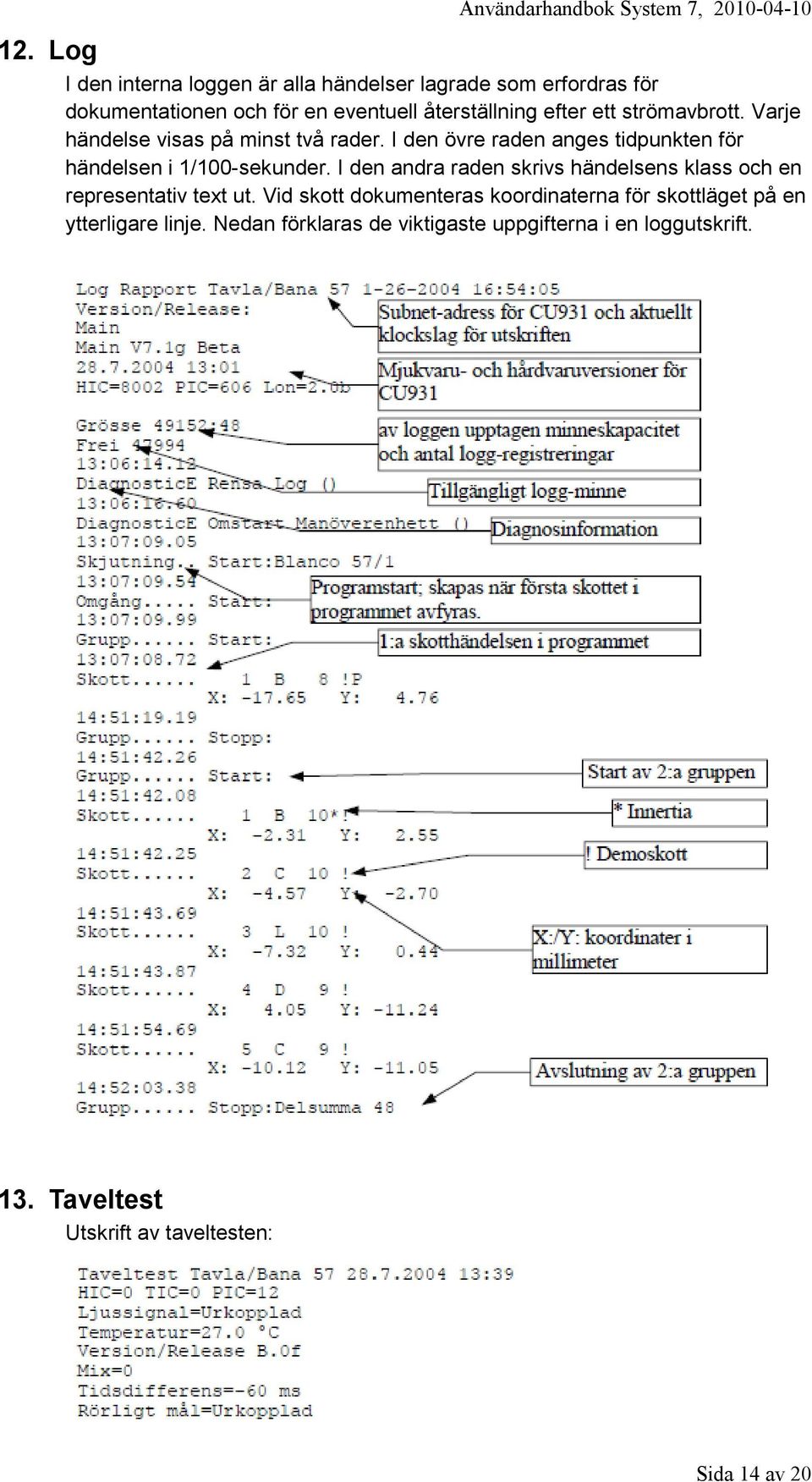 I den andra raden skrivs händelsens klass och en representativ text ut.