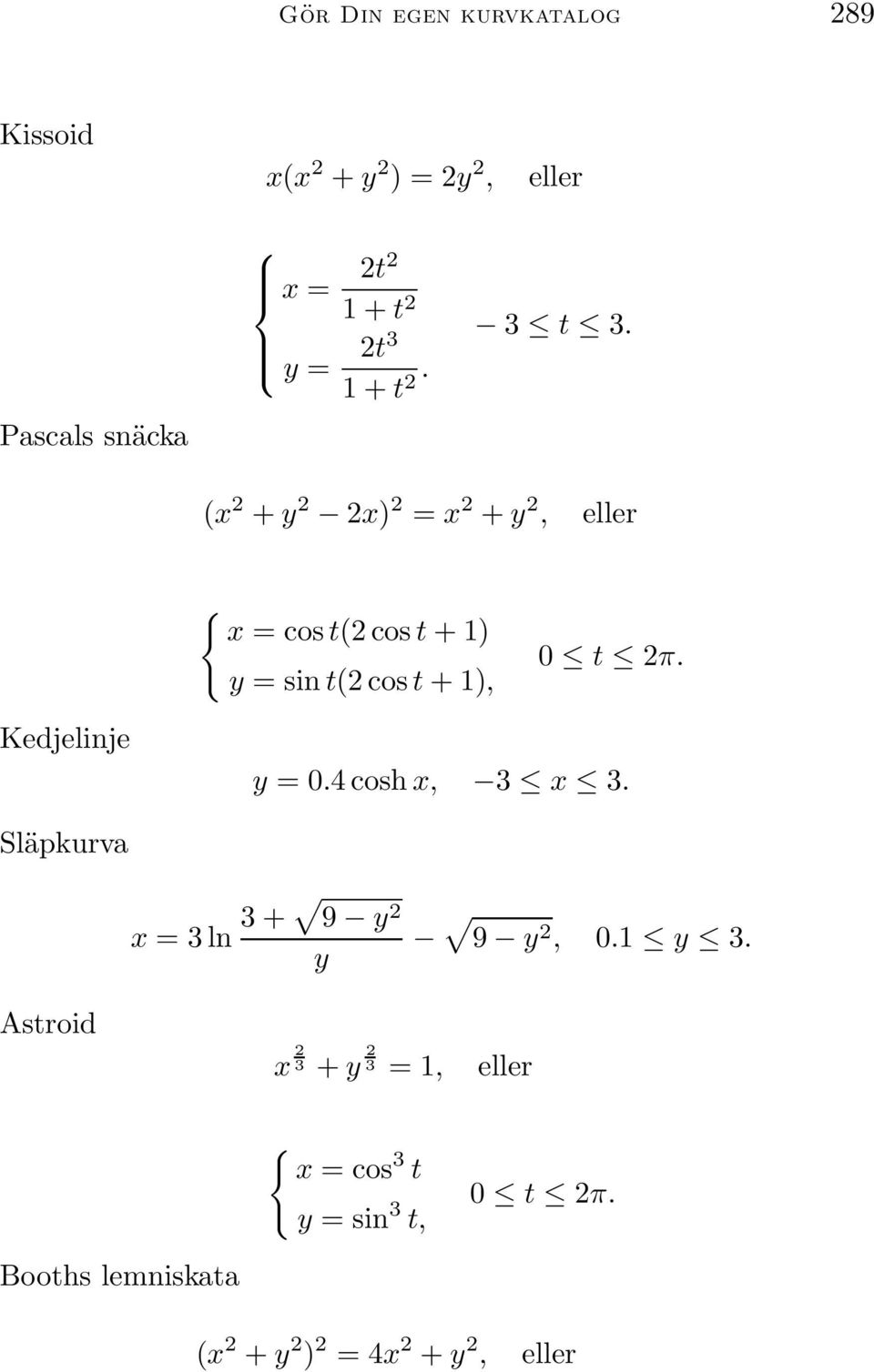 (x + y x) = x + y, eller x = cos t( cos t + 1) y = sin t( cos t + 1), Kedjelinje y =