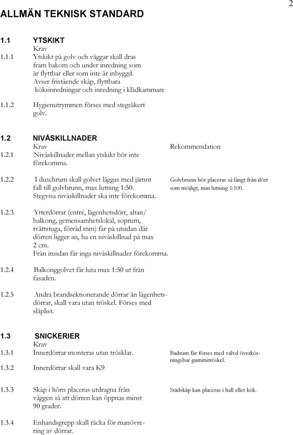 1.2.2 I duschrum skall golvet läggas med jämnt Golvbrunn bör placeras så långt från dörr fall till golvbrunn, max lutning 1:50. som möjligt, min lutning 1:100.