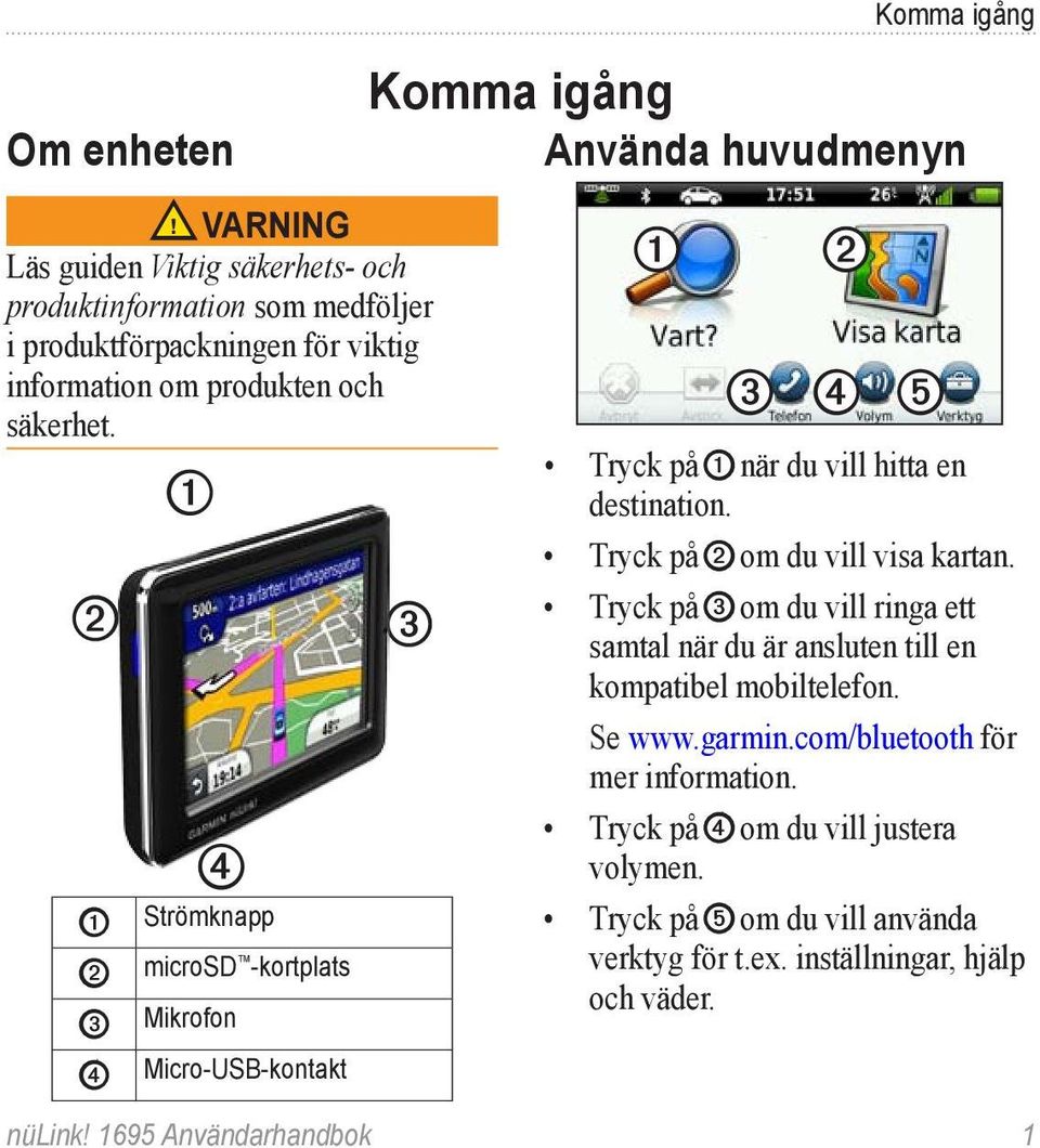 1695 Användarhandbok 1 ➊ ➋ ➌ ➍ ➎ Tryck på ➊ när du vill hitta en destination. Tryck på ➋ om du vill visa kartan.