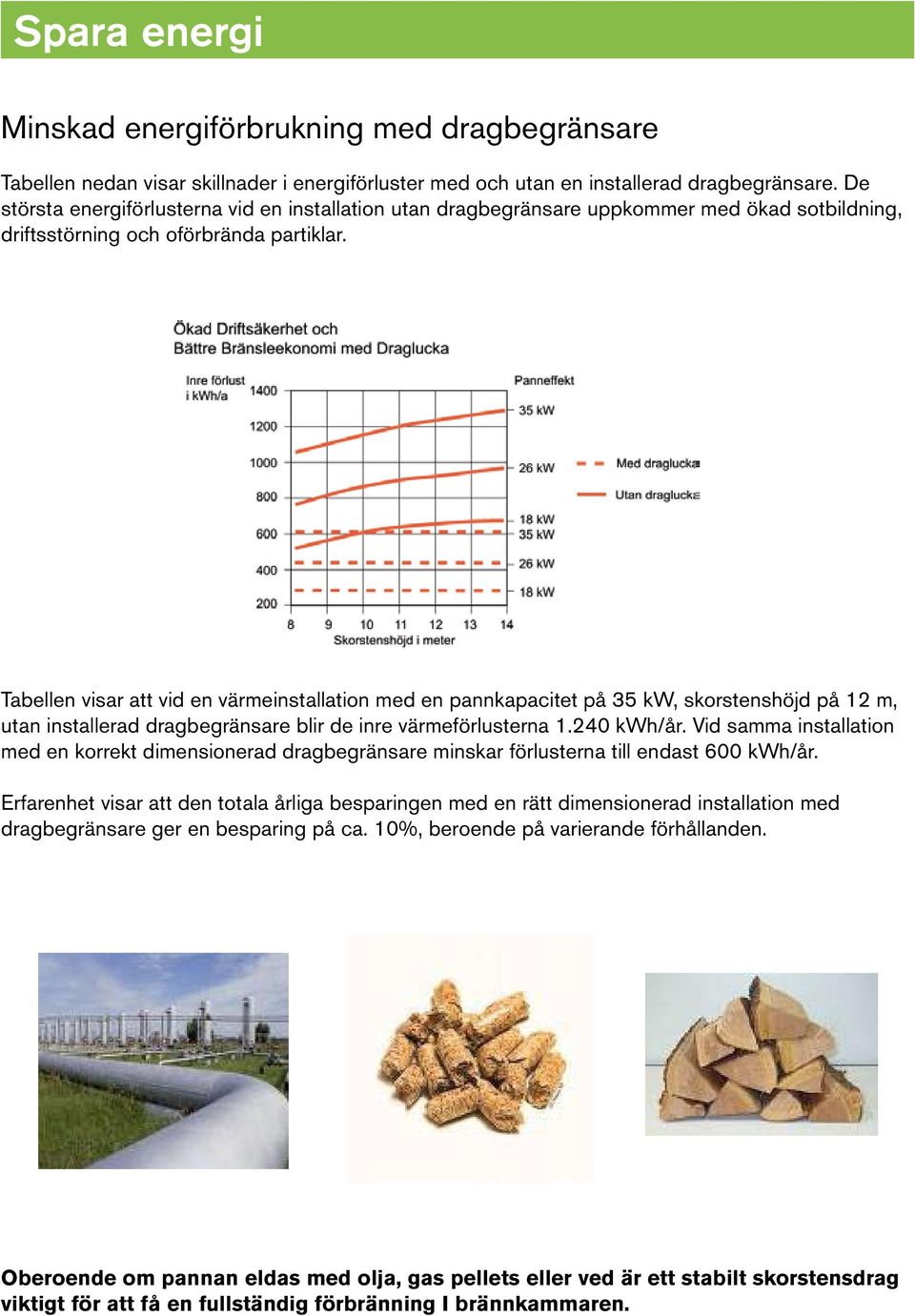 Tabellen visar att vid en värmeinstallation med en pannkapacitet på 35 kw, skorstenshöjd på 12 m, utan installerad dragbegränsare blir de inre värmeförlusterna 1.240 kwh/år.