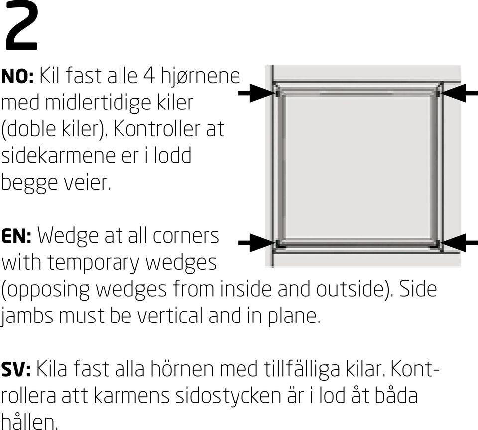 EN: Wedge at all corners with temporary wedges (opposing wedges from inside and outside).