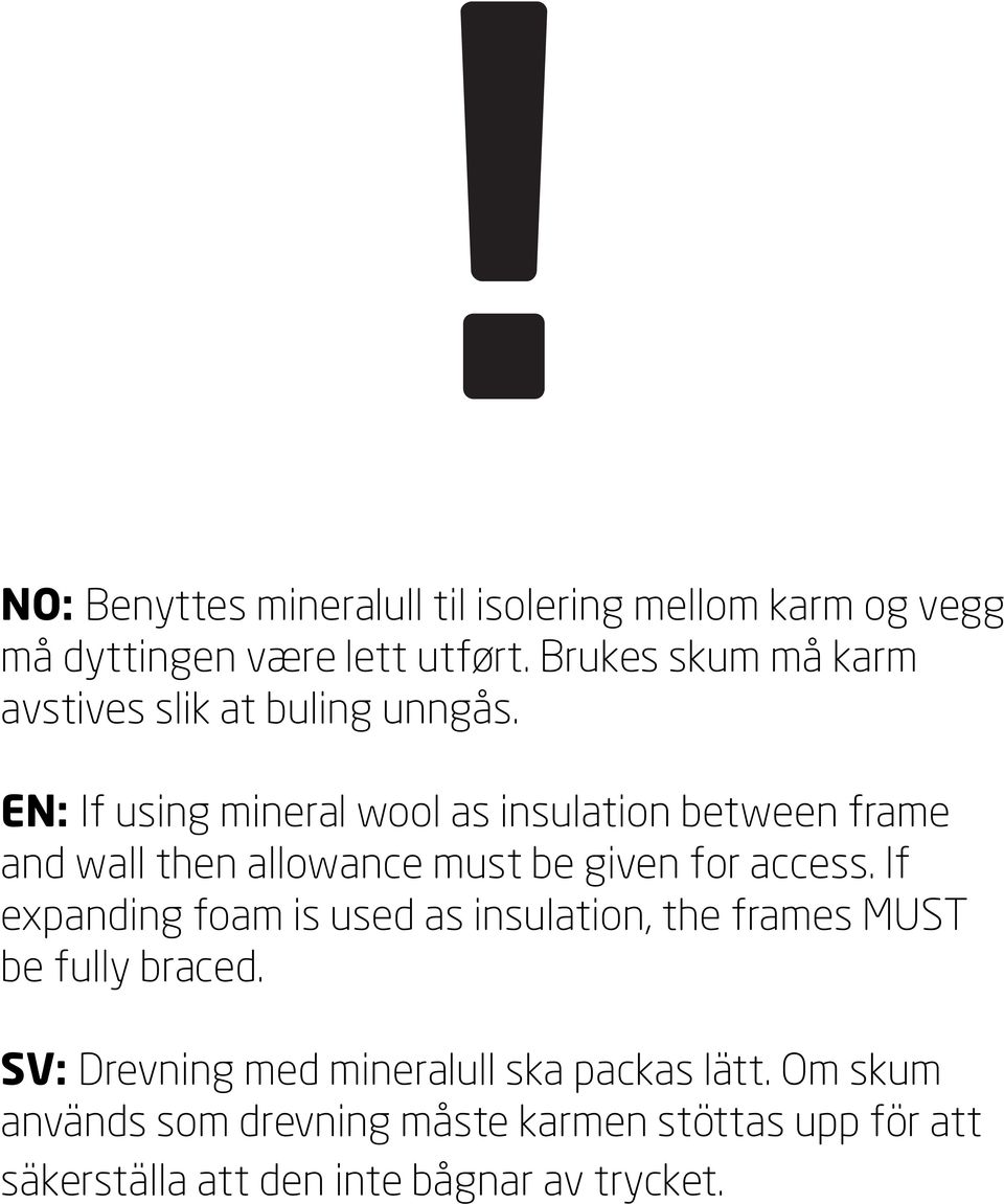 EN: If using mineral wool as insulation between frame and wall then allowance must be given for access.