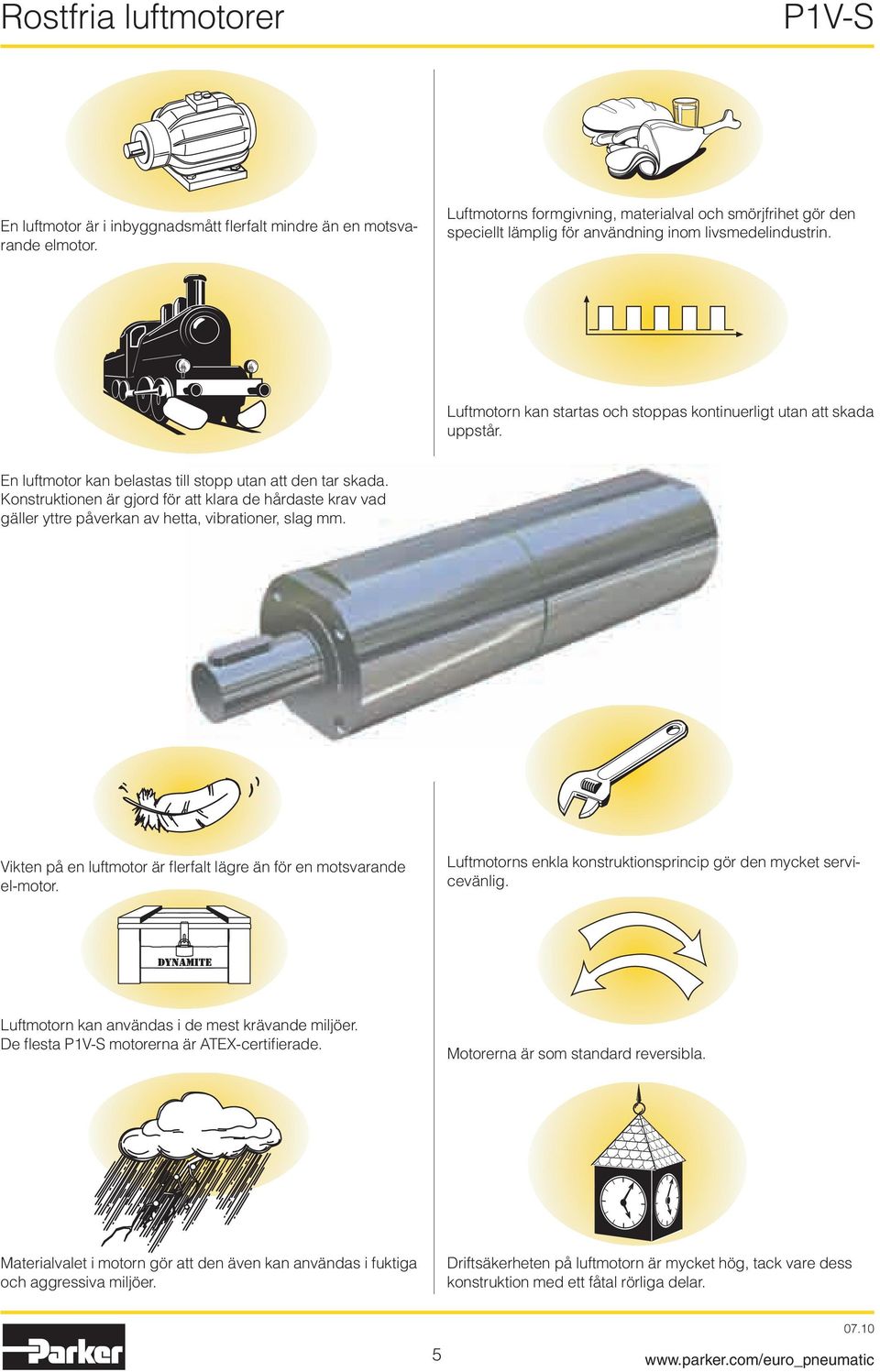 Konstruktionen är gjord för att klara de hårdaste krav vad gäller yttre påverkan av hetta, vibrationer, slag mm. Vikten på en luftmotor är flerfalt lägre än för en motsvarande el-motor.