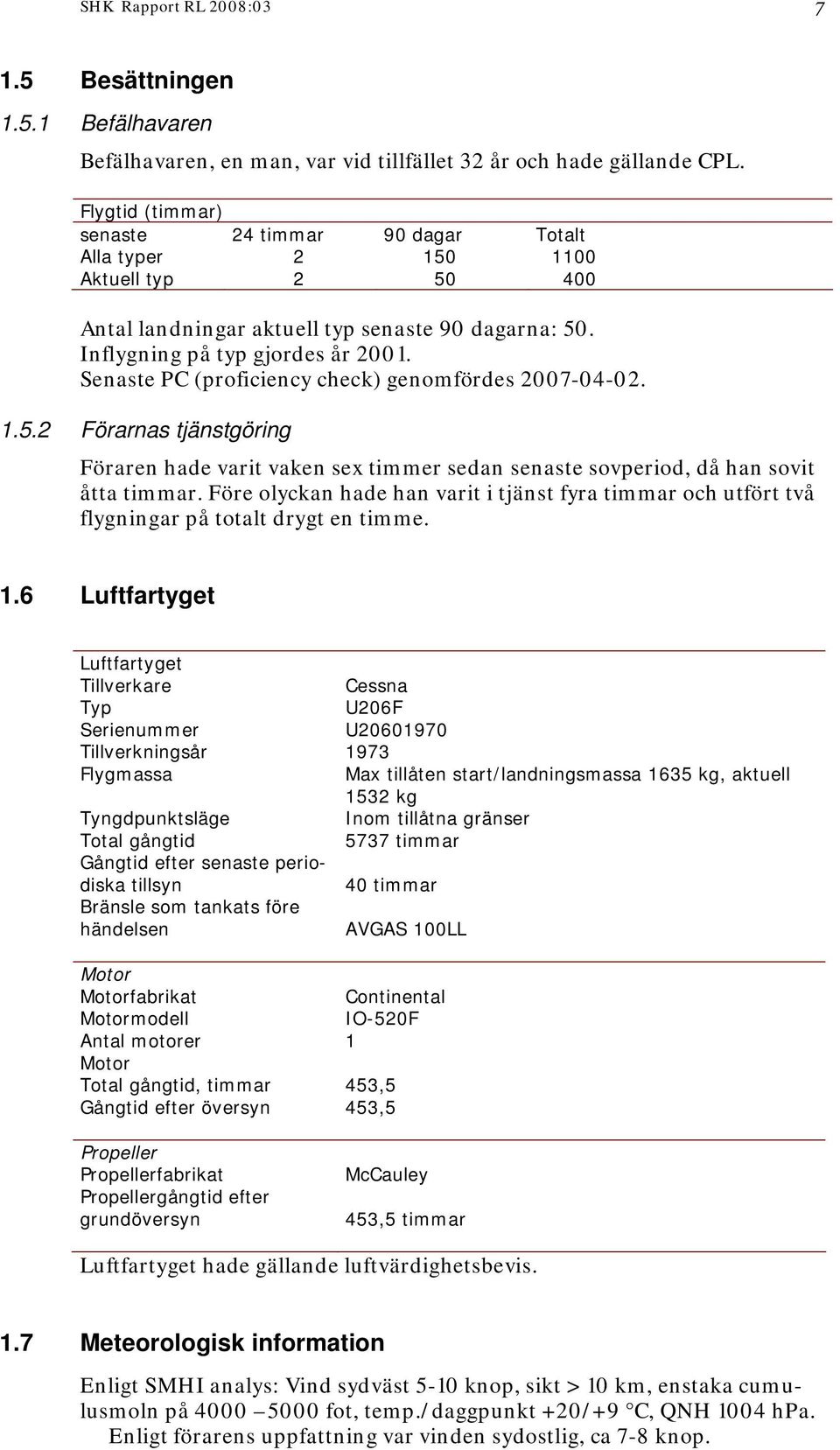 Senaste PC (proficiency check) genomfördes 2007-04-02. 1.5.2 Förarnas tjänstgöring Föraren hade varit vaken sex timmer sedan senaste sovperiod, då han sovit åtta timmar.