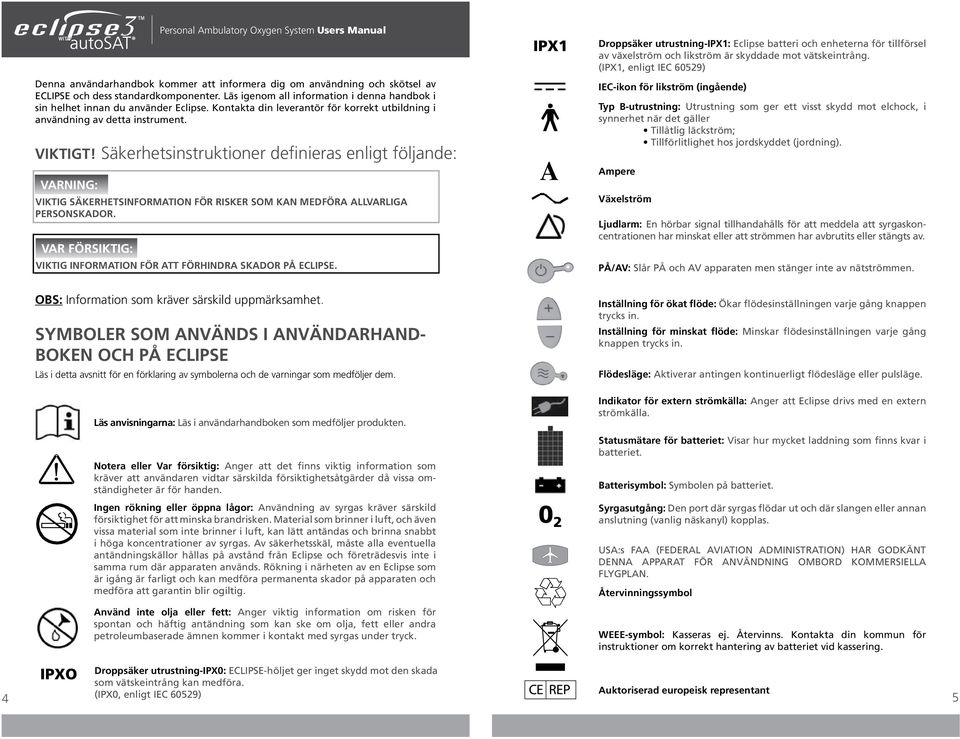 Säkerhetsinstruktioner definieras enligt följande: VIKTIG SÄKERHETSINFORMATION FÖR RISKER SOM KAN MEDFÖRA ALLVARLIGA PERSONSKADOR. VIKTIG INFORMATION FÖR ATT FÖRHINDRA SKADOR PÅ ECLIPSE.