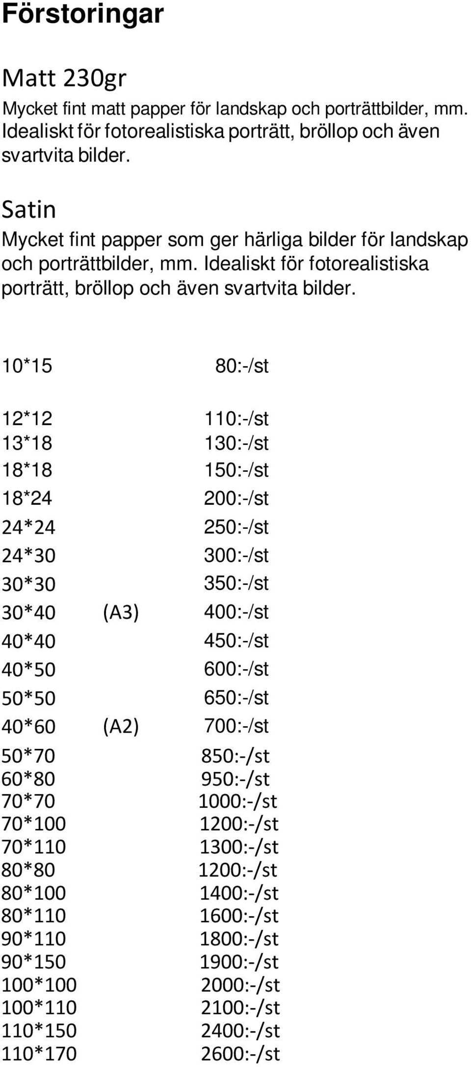 10*15 80:-/st 12*12 13*18 110:-/st 130:-/st 18*18 150:-/st 18*24 200:-/st 24*24 24*30 30*30 30*40 40*40 40*50 50*50 40*60 (A3) 250:-/st 300:-/st 350:-/st 400:-/st 450:-/st 600:-/st 650:-/st