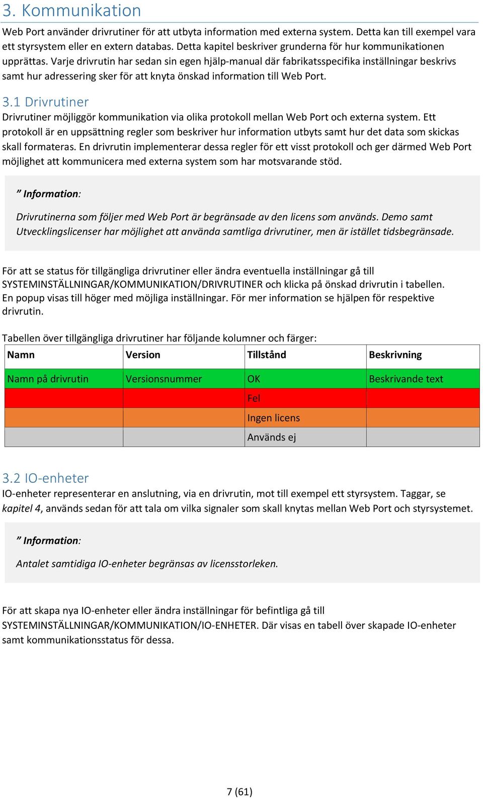 Varje drivrutin har sedan sin egen hjälp-manual där fabrikatsspecifika inställningar beskrivs samt hur adressering sker för att knyta önskad information till Web Port.