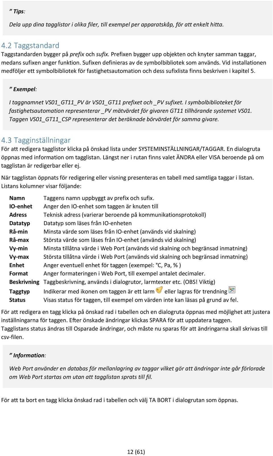 Vid installationen medföljer ett symbolbibliotek för fastighetsautomation och dess sufixlista finns beskriven i kapitel 5. Exempel: I taggnamnet VS01_GT11_PV är VS01_GT11 prefixet och _PV sufixet.