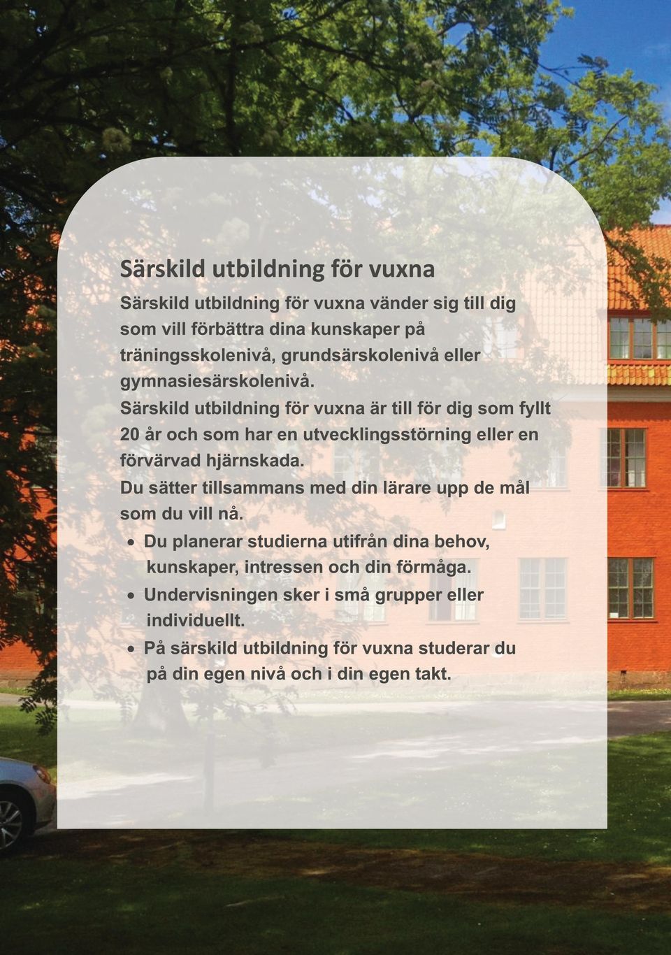 Särskild utbildning för vuxna är till för dig som fyllt 20 år och som har en utvecklingsstörning eller en förvärvad hjärnskada.