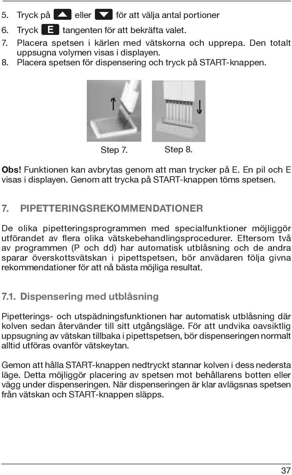 Genom att trycka på START-knappen töms spetsen. 7. PIPETTERINGSREKOMMENDATIONER De olika pipetteringsprogrammen med specialfunktioner möjliggör utförandet av fl era olika vätskebehandlingsprocedurer.