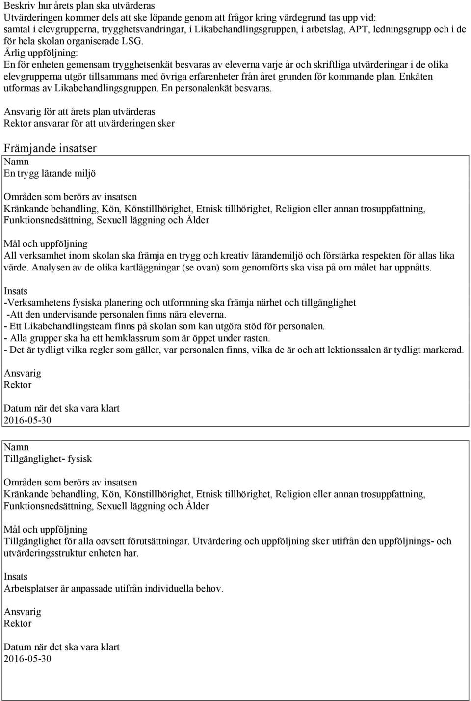 Årlig uppföljning: En för enheten gemensam trygghetsenkät besvaras av eleverna varje år och skriftliga utvärderingar i de olika elevgrupperna utgör tillsammans med övriga erfarenheter från året