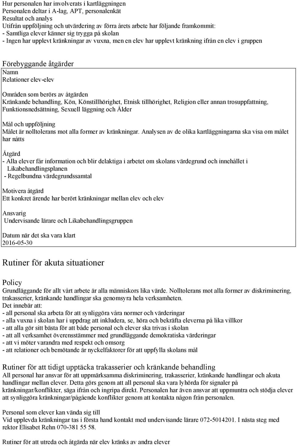 som berörs av åtgärden Kränkande behandling, Kön, Könstillhörighet, Etnisk tillhörighet, Religion eller annan trosuppfattning, Funktionsnedsättning, Sexuell läggning och Ålder Mål och uppföljning