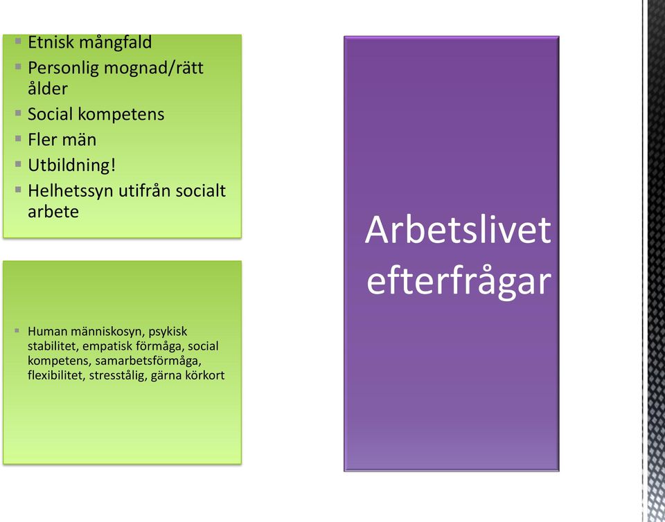 Helhetssyn utifrån socialt arbete Arbetslivet efterfrågar Human