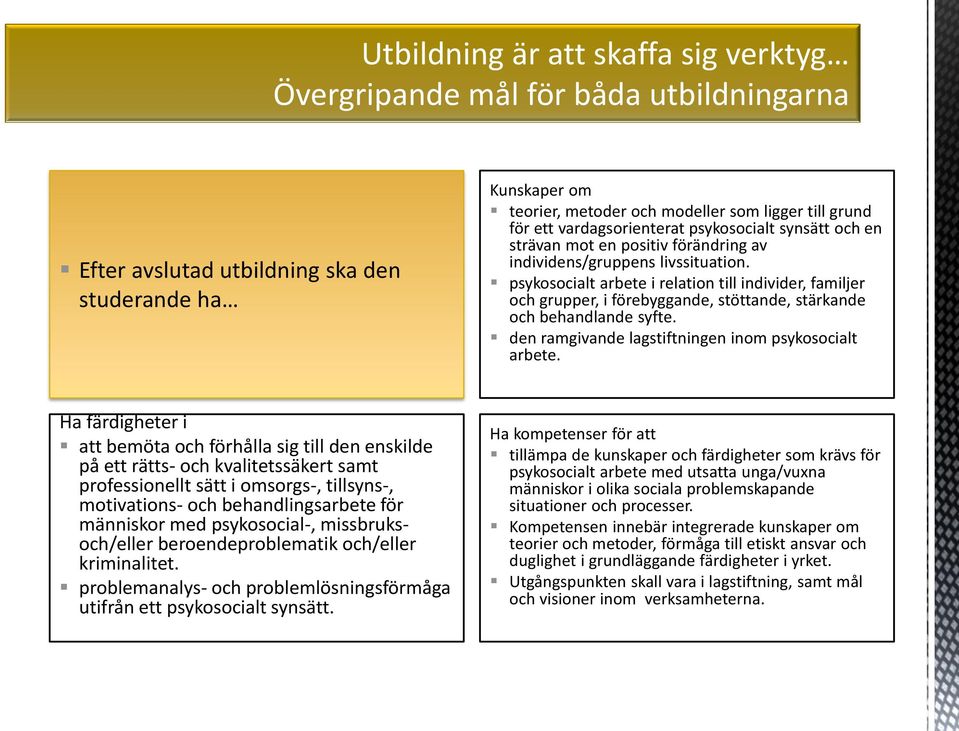 psykosocialt arbete i relation till individer, familjer och grupper, i förebyggande, stöttande, stärkande och behandlande syfte. den ramgivande lagstiftningen inom psykosocialt arbete.