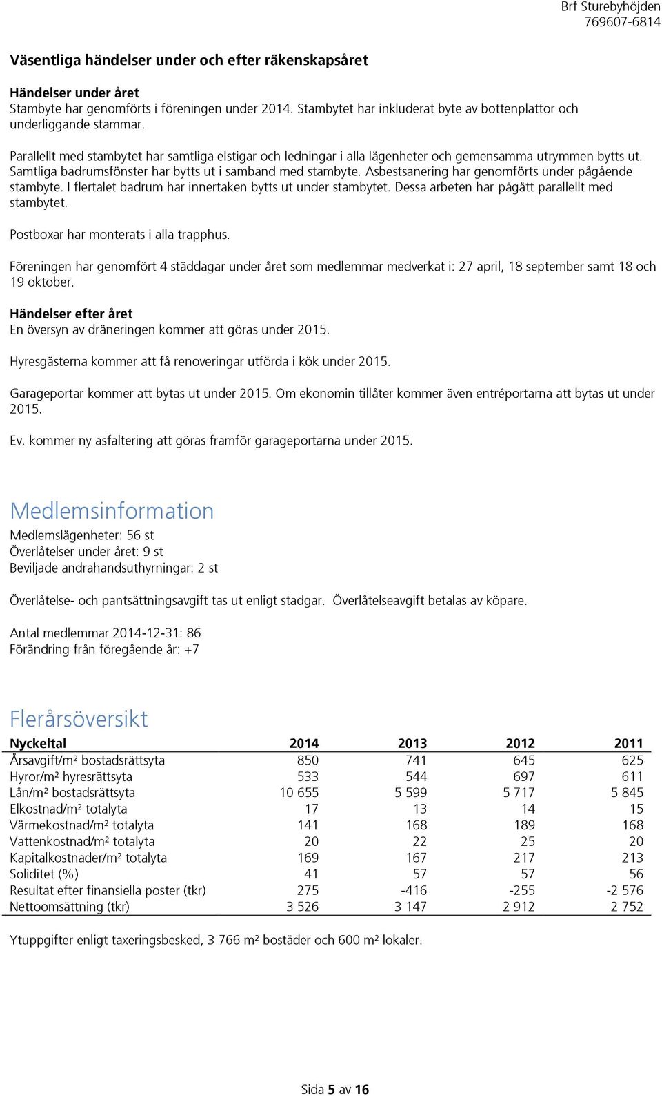 Asbestsanering har genomförts under pågående stambyte. I flertalet badrum har innertaken bytts ut under stambytet. Dessa arbeten har pågått parallellt med stambytet.
