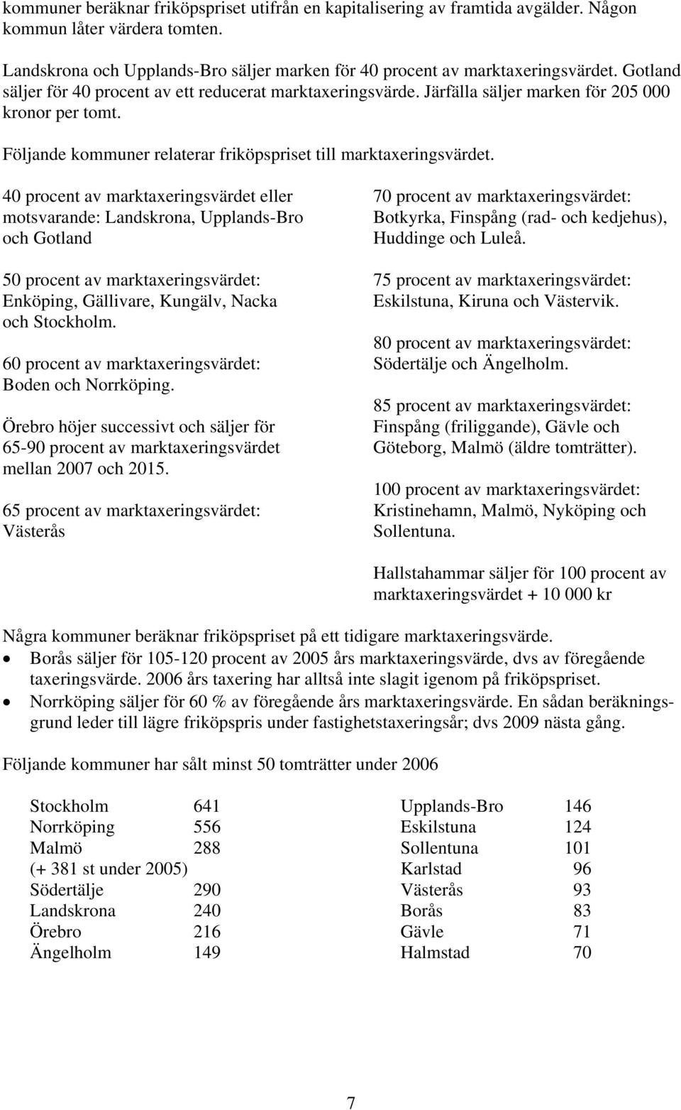 40 procent av marktaxeringsvärdet eller motsvarande: Landskrona, Upplands-Bro och Gotland 50 procent av marktaxeringsvärdet: Enköping, Gällivare, Kungälv, Nacka och Stockholm.