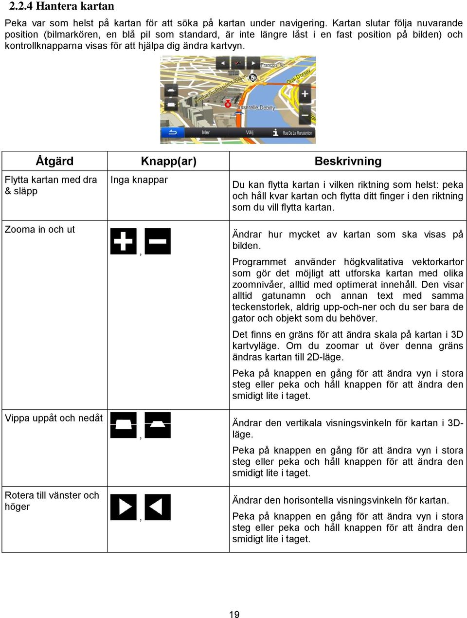 Åtgärd Knapp(ar) Beskrivning Flytta kartan med dra & släpp Inga knappar Du kan flytta kartan i vilken riktning som helst: peka och håll kvar kartan och flytta ditt finger i den riktning som du vill