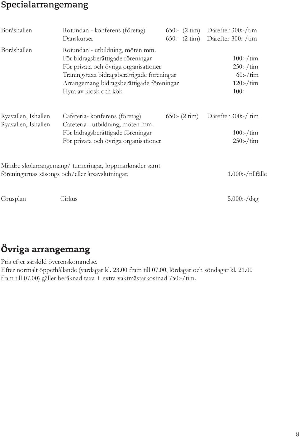 Hyra av kiosk och kök 100:- Ryavallen, Ishallen Cafeteria- konferens (företag) 650:- (2 tim) Därefter 300:-/ tim Ryavallen, Ishallen Cafeteria - utbildning, möten mm.